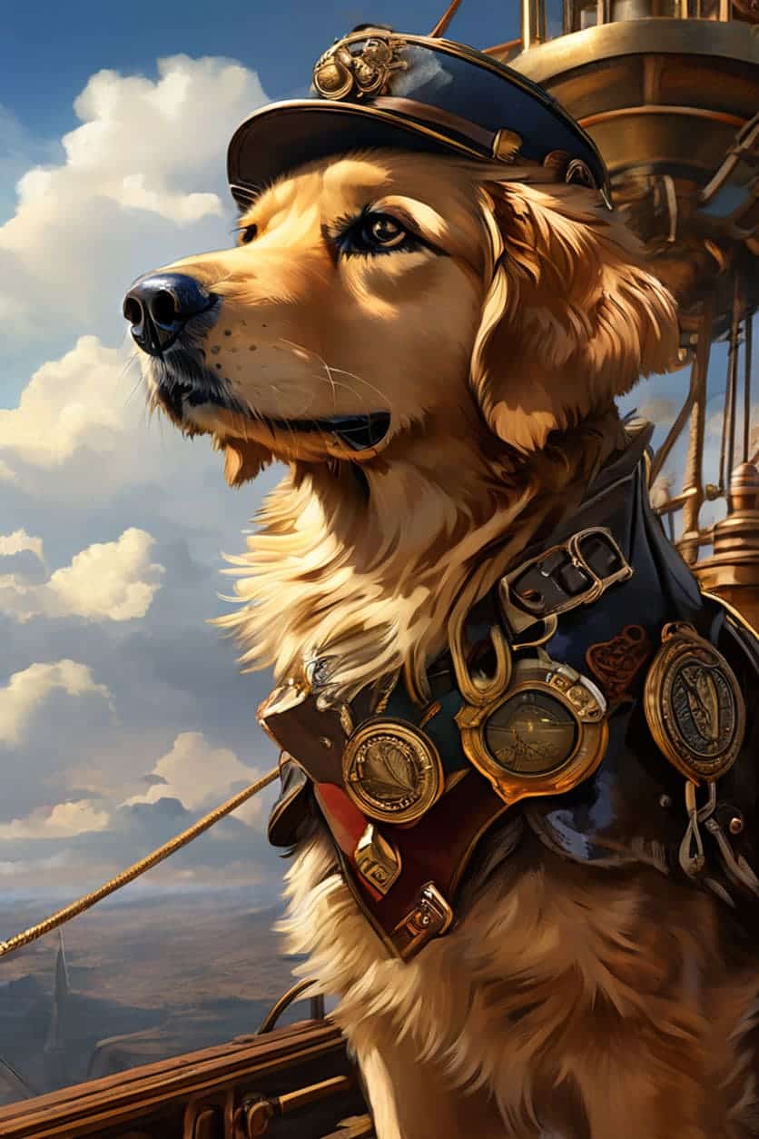 A majestic Golden Retriever standing proudly on the deck of a steampunk airship. The dog wears a captain's jacket with brass buttons and has a telescope attached to its collar. Clouds and other flying machines are visible in the distance.