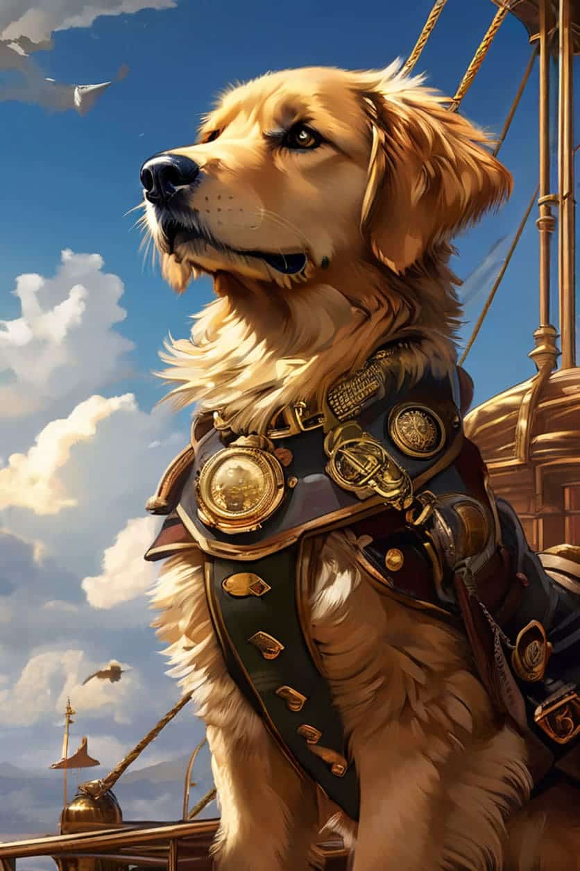 A majestic Golden Retriever standing proudly on the deck of a steampunk airship. The dog wears a captain's jacket with brass buttons and has a telescope attached to its collar. Clouds and other flying machines are visible in the distance.