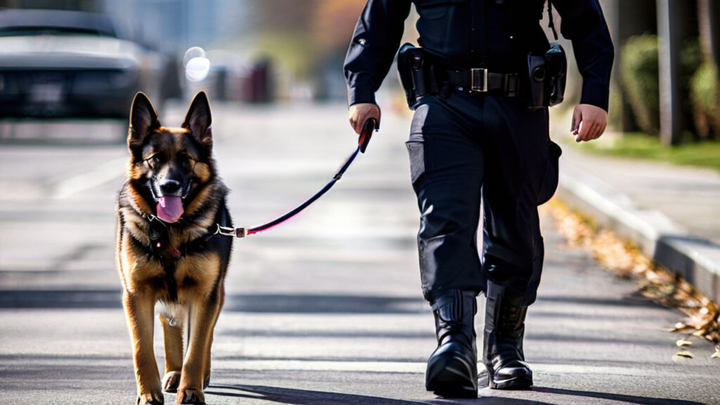 A police officer walking down the street with a German Shepherd dog being guided by a leash and collar. Police Dog Breeds