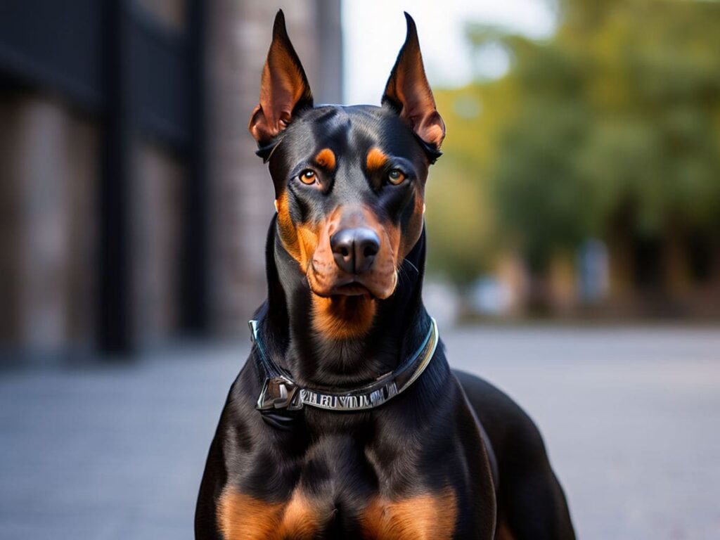 A sleek, alert Doberman Pinscher with a muscular frame and shiny coat, standing attentively outdoors