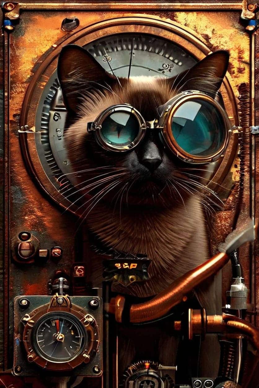A sleek Siamese cat perched on a copper pipe, its tail wrapped around a pressure gauge. The cat wears goggles on its forehead and has clockwork gears visible through a panel in its side. Steam rises in the background.