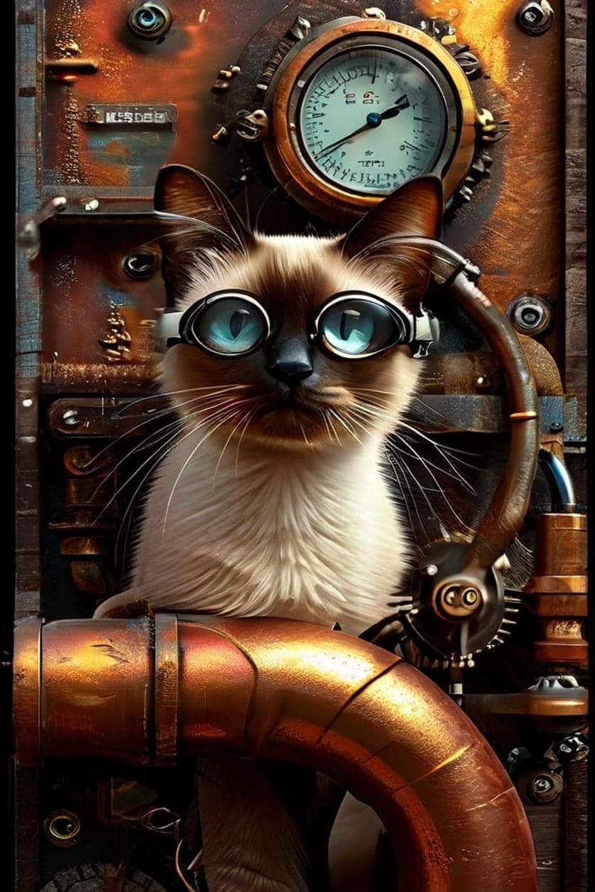 A sleek Siamese cat perched on a copper pipe, its tail wrapped around a pressure gauge. The cat wears goggles on its forehead and has clockwork gears visible through a panel in its side. Steam rises in the background.