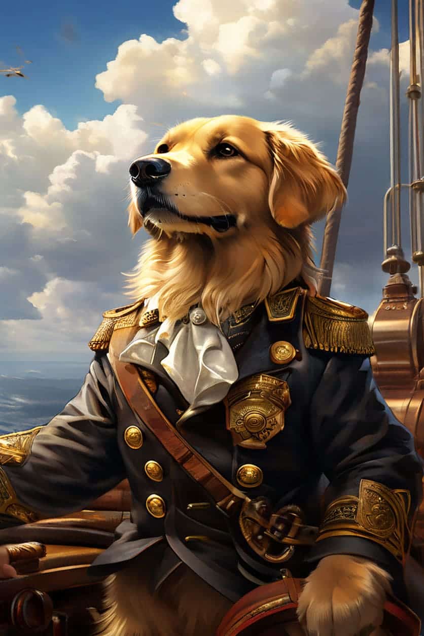 Captain Retriever: Standing proud on the deck of a magnificent airship.