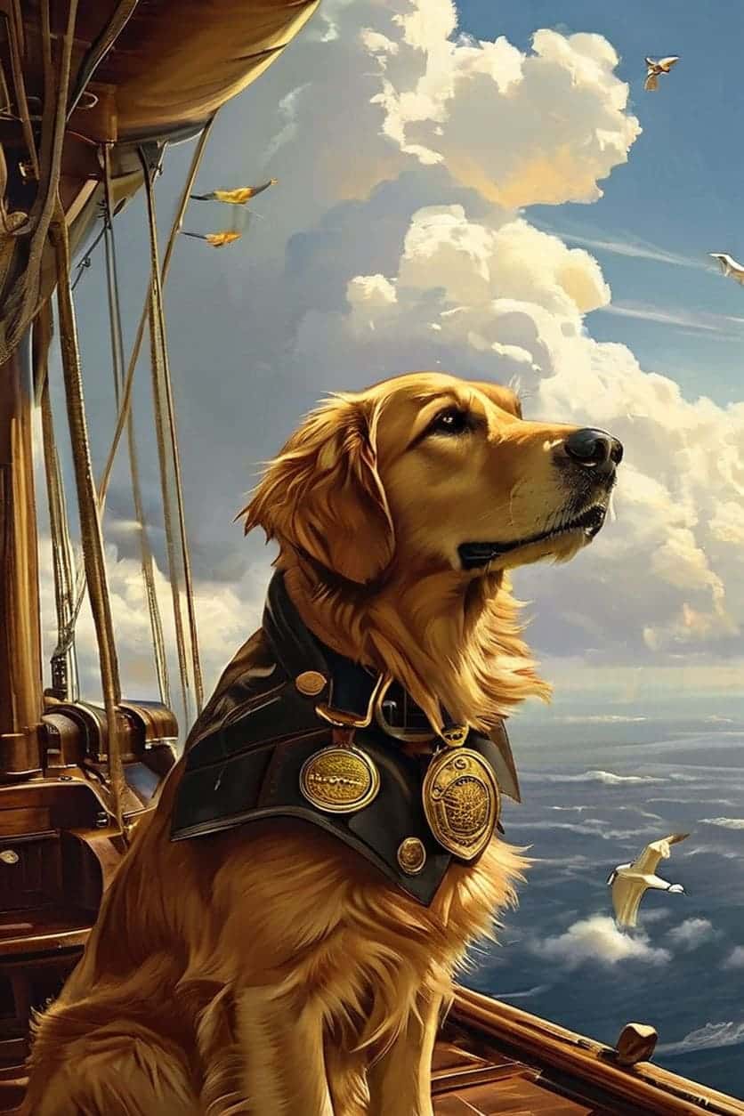 Captain Retriever: Standing proud on the deck of a magnificent airship, this Golden Retriever cuts a dashing figure in a captain's jacket adorned with brass buttons.
