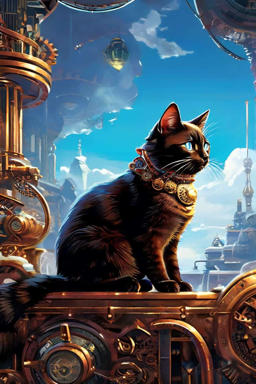 Feline Navigator: Perched atop a tangle of copper pipes, a sleek Siamese cat surveys its domain.