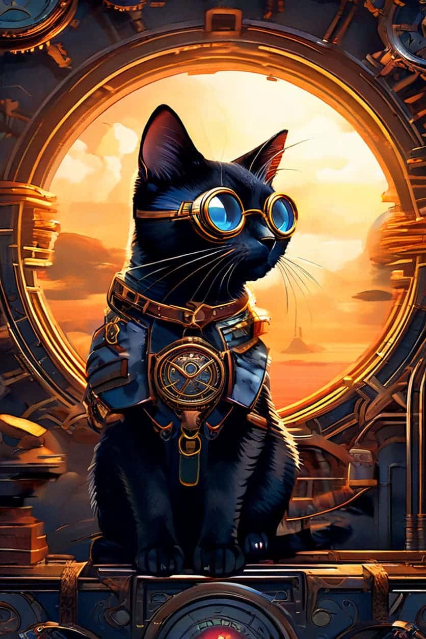 Feline Navigator: Perched atop a tangle of copper pipes, a sleek Siamese cat surveys its domain. Steam rises in wisps around its paws, while a panel in its side reveals a mesmerizing array of gears and cogs. 