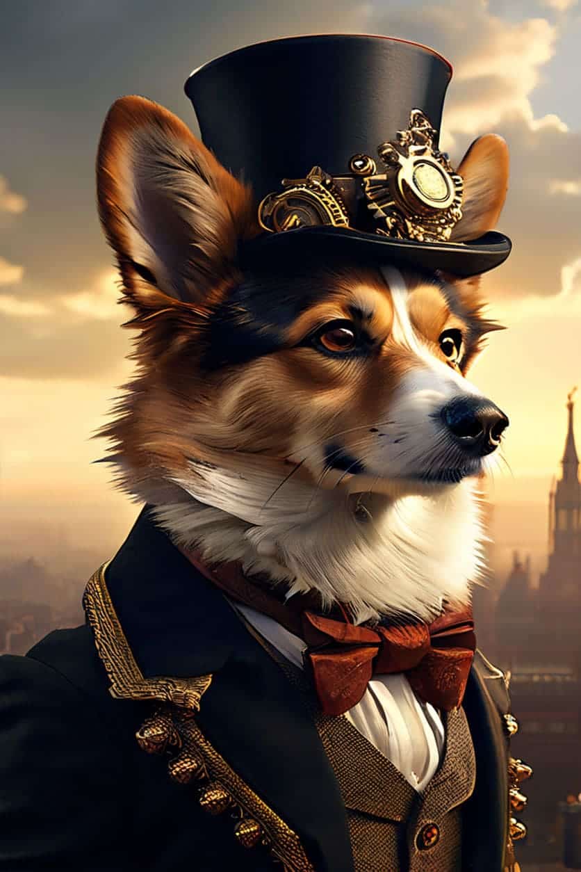 The Clockwork Corgi: This distinguished gentledog sports a top hat adorned with miniature gears.