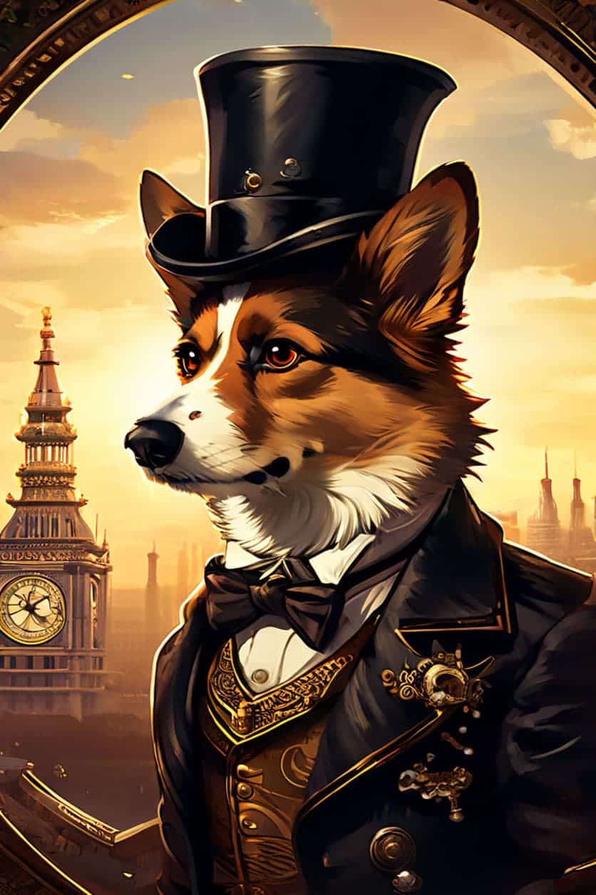 The Clockwork Corgi: This distinguished gentledog sports a top hat adorned with miniature gears.
