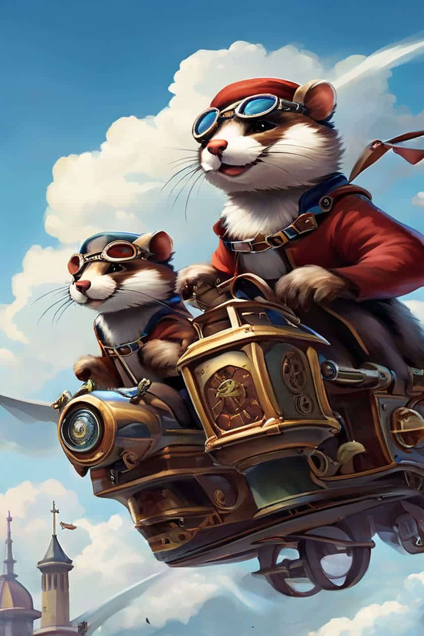 The Flying Ferrets: In a delightful display of whimsy, two ferrets pilot a miniature flying machine.