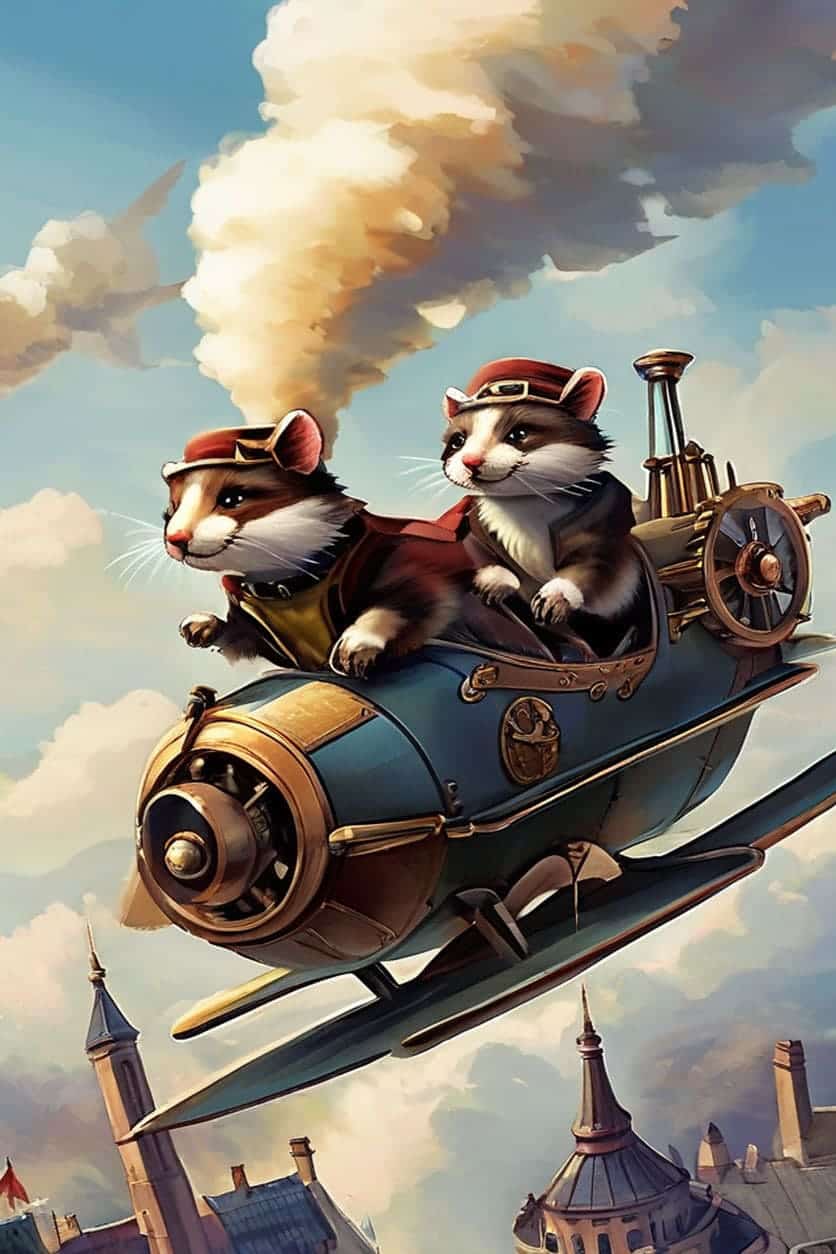 The Flying Ferrets: In a delightful display of whimsy, two ferrets pilot a miniature flying machine. Their tiny aviator caps and goggles lend them a daring air as they soar past clocktowers and chimney stacks. 