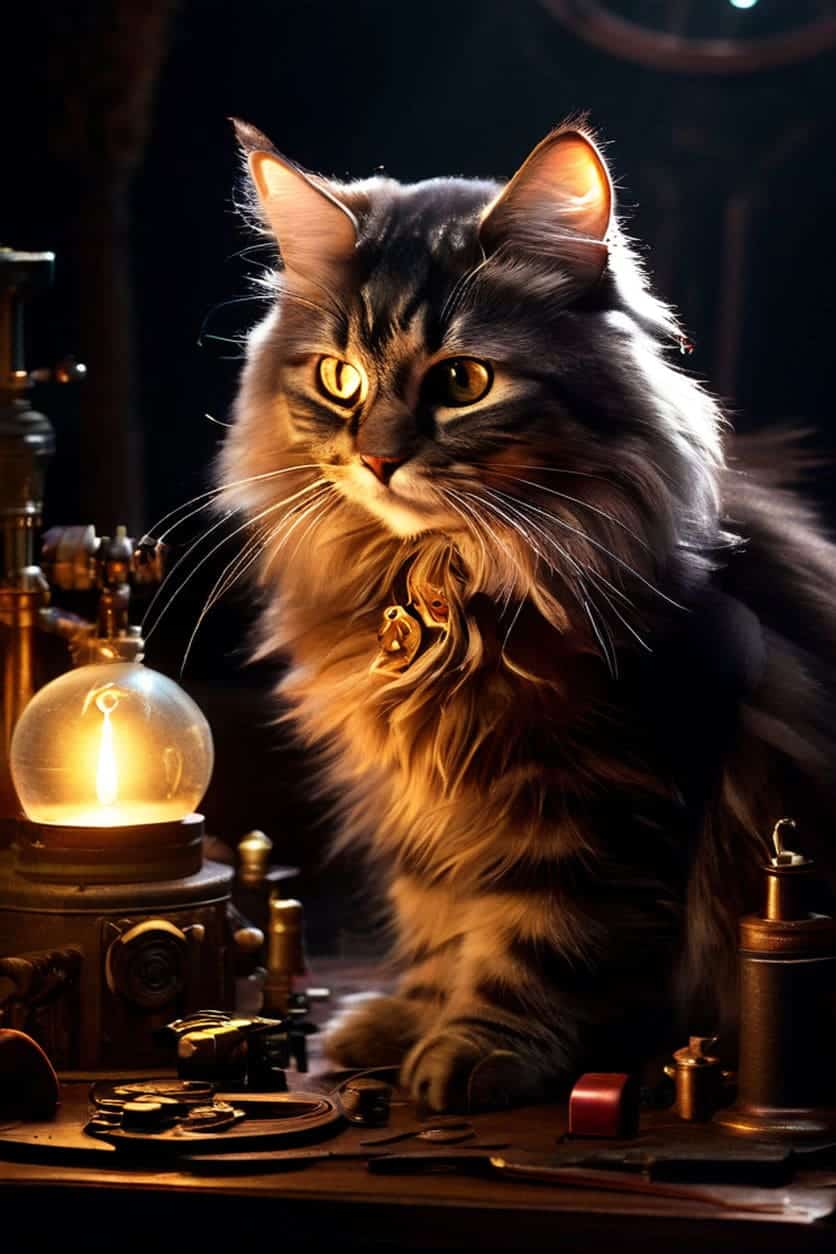 The Inventor's Cat: A curious Maine Coon explores a workshop table littered with the tools of a mad scientist's trade.