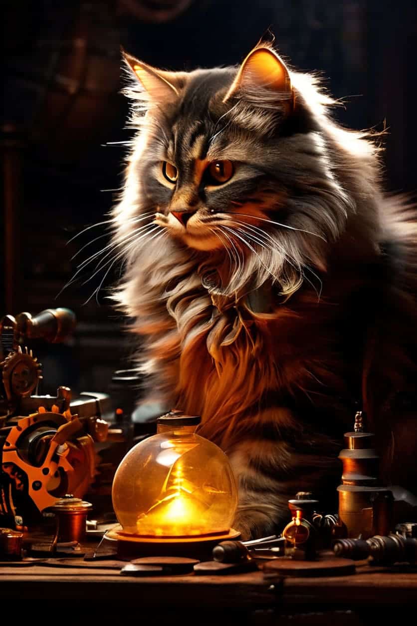 The Inventor's Cat: A curious Maine Coon explores a workshop table littered with the tools of a mad scientist's trade.