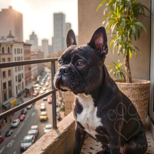 Realistic French Bulldog on a city balcony watching traffic, urban dog art, black Frenchie portrait.