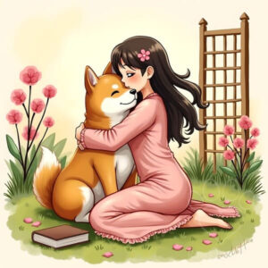 Anime style illustration of a girl hugging a Shiba Inu dog, tender pet bond, garden scene, heartwarming digital art