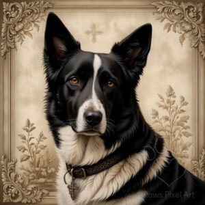 Vintage style portrait of a black and white Border Collie dog in an ornate antique frame with a cross pendant, classic pet art, loyal dog.