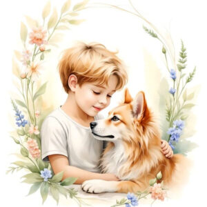 Gentle watercolor illustration of a boy hugging a Corgi dog surrounded by soft floral elements, tender pet bond, heartwarming art