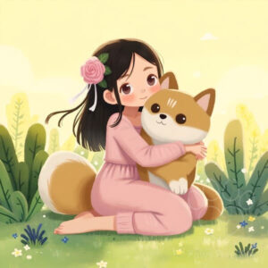 Cute chibi girl hugging an adorable brown and white dog, joyful pet bond art, soft colors, heartwarming illustration