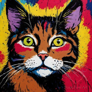 Vibrant pop art style illustration of a cat portrait with bold colors like pink, yellow, blue, and red, modern feline art, expressive eyes.
