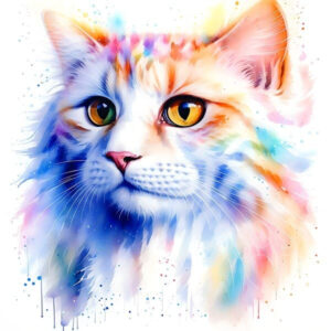 Vibrant watercolor painting of a fluffy cat with colorful fur in shades of orange, blue, pink, and white, expressive yellow eyes, playful pet art.