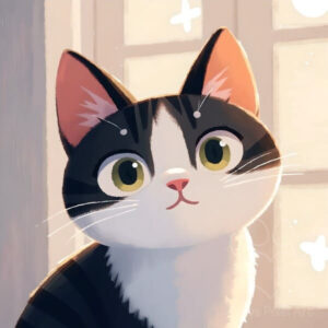 Cute illustration of a black and white cat with large, expressive green eyes, soft lighting from a window, peaceful feline art