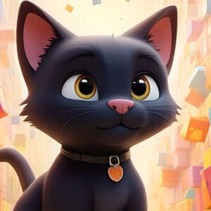 Cute cartoon black cat sitting amidst colorful building blocks, playful pet art, kids room decor, vibrant colors.
