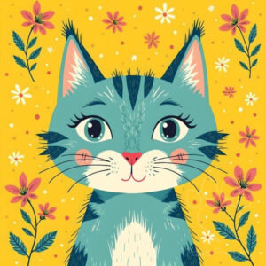 Cute illustration of a blue cat with expressive eyes, surrounded by pink and white flowers and yellow polka dots, whimsical pet art, children's style.
