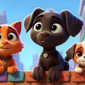 Cute cartoon cat and two dogs smiling, friends, pet companions, vibrant colors, animated style.