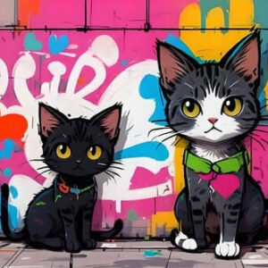 Two cute cartoon cats, one black and one tabby, sitting in front of a colorful graffiti wall, urban cat art, street art style.