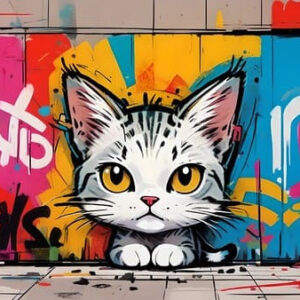 Cute cartoon tabby cat with big eyes in front of a colorful graffiti wall, street art style, vibrant cat art.