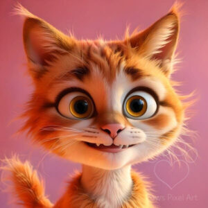 Cute cartoon illustration of a ginger cat with big expressive eyes and a playful smile, whimsical pet portrait, animated style.