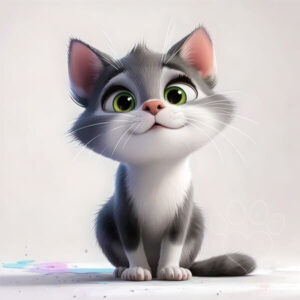 Adorable cartoon illustration of a gray and white cat with large, expressive green eyes looking up, cute pet character art, whimsical.