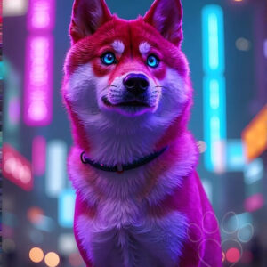 Vibrant cyberpunk portrait of a pink and red Shiba Inu dog with glowing blue eyes, set against a neon-lit futuristic city background, futuristic pet art.