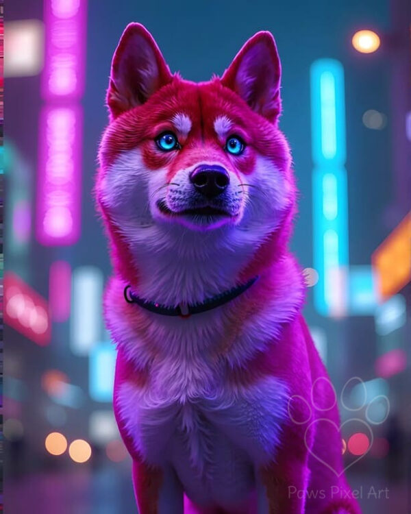 Vibrant cyberpunk portrait of a pink and red Shiba Inu dog with glowing blue eyes, set against a neon-lit futuristic city background, futuristic pet art.