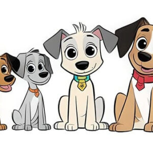 Four adorable cartoon puppies in a row, diverse colors and playful expressions, animated dog illustration, happy pet characters.