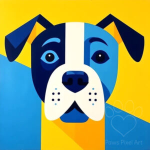 Abstract geometric art portrait of a blue and white dog's face, contrasting blue and yellow background, modern canine illustration.