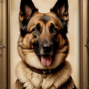 Realistic portrait of a majestic German Shepherd dog wearing a vintage collar and ornate ruff, framed in a grand golden frame, classic pet painting.