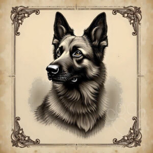 Vintage style illustration of a German Shepherd dog head and shoulders in an ornate black and white frame, classic pet portrait, retro art, detailed dog illustration.