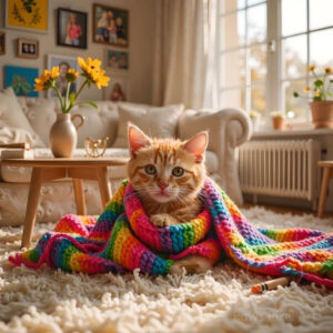 Realistic photo of a cute ginger tabby cat wrapped in a colorful rainbow knitted blanket in a cozy living room with sunlight