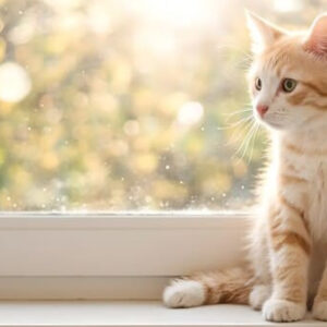 Realistic photo of a cute ginger and white tabby kitten sitting on a window sill with warm sunlight, cozy cat portrait, pet photography.