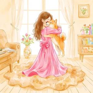 Watercolor art of a girl in pink dress hugging a Shiba Inu or Corgi dog inside a cozy home, warm colors, pet bond illustration.