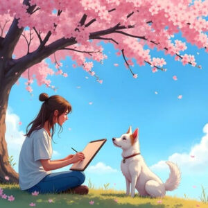 Anime style illustration of a girl drawing under a pink cherry blossom tree with a white dog, serene park scene, pet companion art