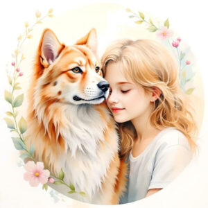 Gentle watercolor illustration of a blonde girl hugging a fluffy Husky dog within a soft floral wreath, tender friendship art, heartwarming scene.