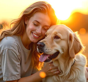 Serene landscape art featuring a young woman lovingly hugging a golden retriever dog amidst wildflowers at sunset, golden hour glow, peaceful companionship scene. AI-generated pet art.