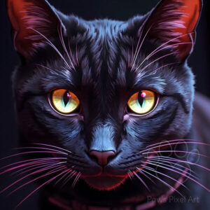 Close-up portrait of a mystical black cat with glowing golden-yellow eyes, enhanced by vibrant pink and purple highlights on its fur and whiskers, dark and captivating feline art.
