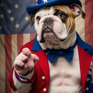 Patriotic bulldog dressed as Uncle Sam in red, white, and blue suit, American flag background, strong and proud dog portrait.