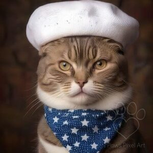 Patriotic cat wearing a white beret and star-spangled blue bandana, American themed pet art, proud feline portrait.