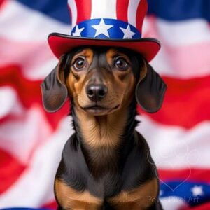 Cute dachshund dog wearing Uncle Sam hat, patriotic pet portrait, American flag background, small dog art.