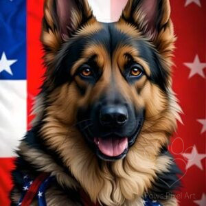 Proud German Shepherd dog with American flag background, patriotic collar, brave military dog art