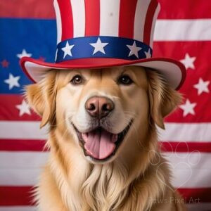 Happy golden retriever wearing Uncle Sam hat, patriotic dog portrait, American flag background, 4th of July pet art
