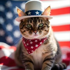 Patriotic tabby cat wearing Uncle Sam hat and bandana, American flag background, proud cat portrait, 4th of July cat art.
